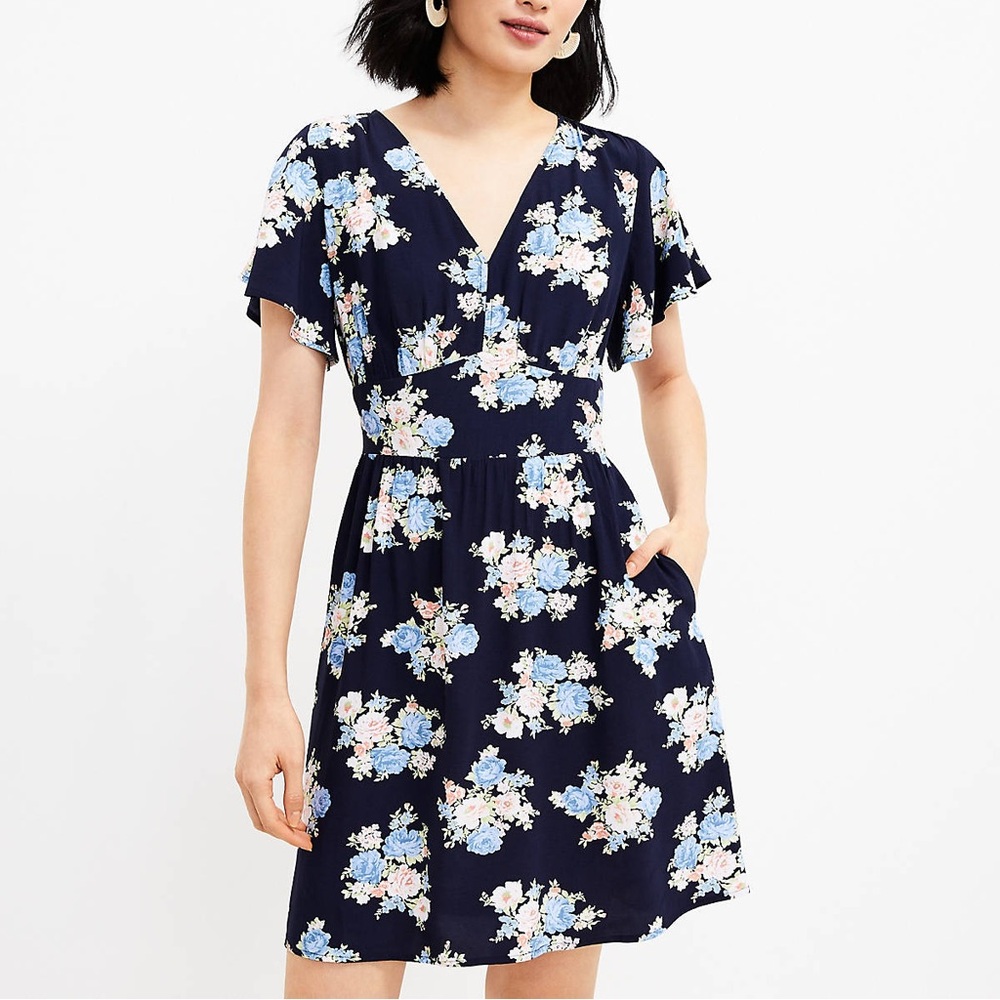 NWT LOFT Navy Blue Floral Flutter V-Neck Mini Pocket Dress